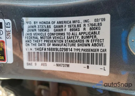 2009 Honda Civic Exl z USA, uszkodzony, nr VIN 1HGFA169X9L029814